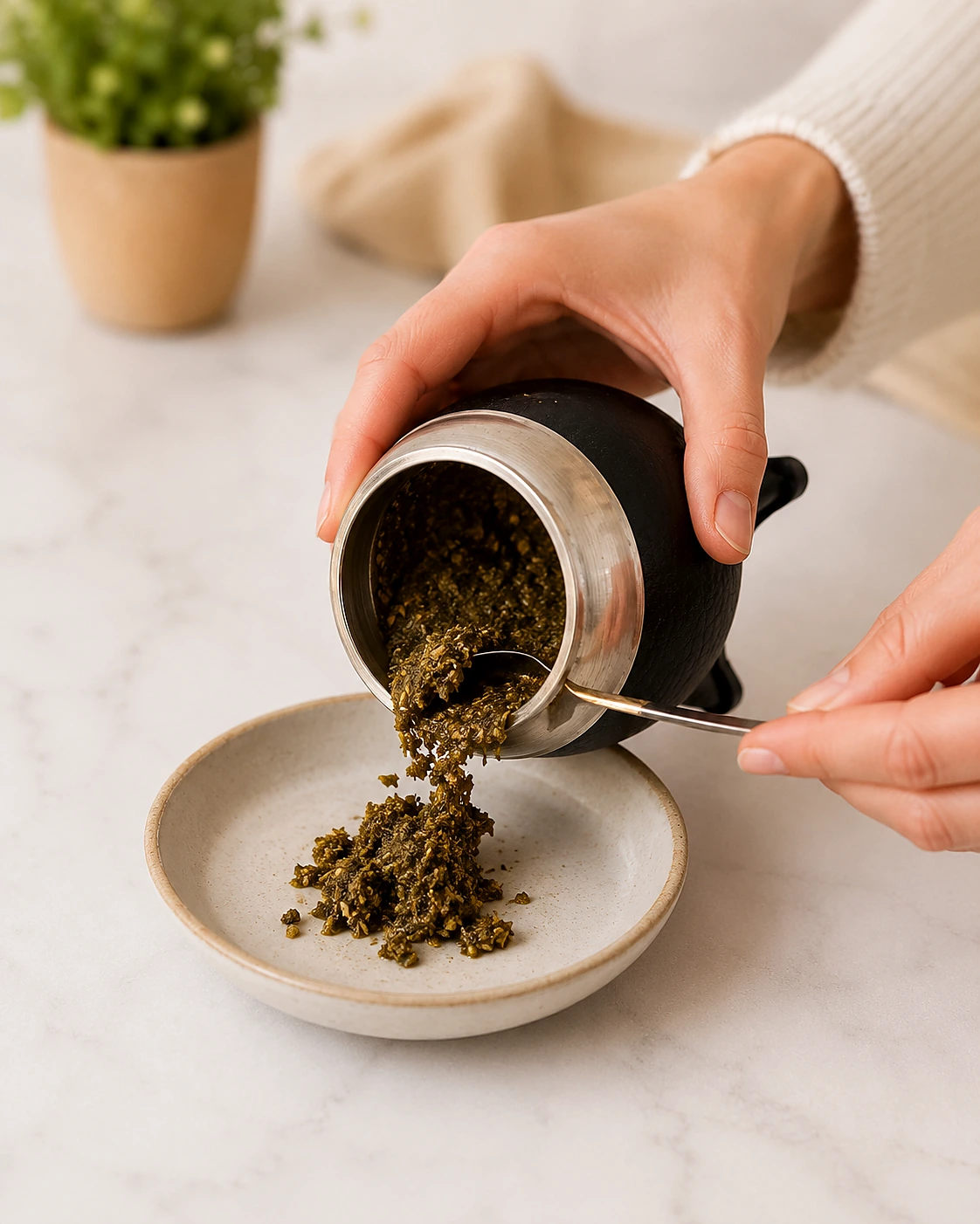 Retiro de yerba usada después de tomar mate